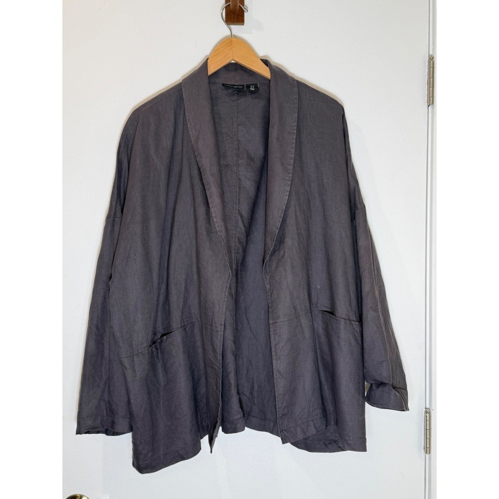 Adrienne Vittadini Cardigan Open Front Gray 100% Linen XL Oversized Flowy Jacket